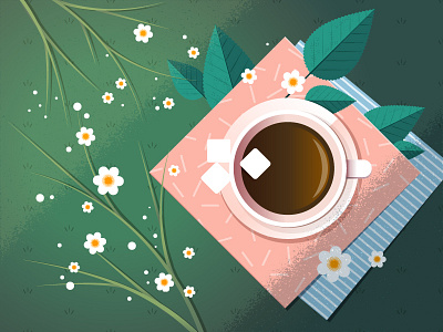coffee break illustration afternoon coffee cup expresso flowers grass illustraion leaves meadow relaxing sugar cubes vector