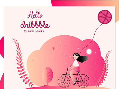 Hello Dribbble bicycle character debut design coloful crown first shot hello illustration moon tree woman