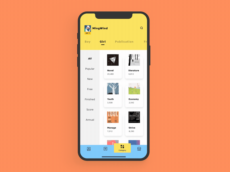 Inread Category & Ranking list & Search page Reading App by Rena Xiao on Dribbble