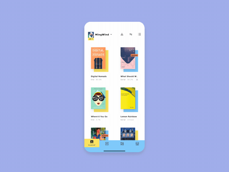 Inread | Homepage | Reading app animation app book design detail gif grid interaction interface list mobie more read reading ui ux