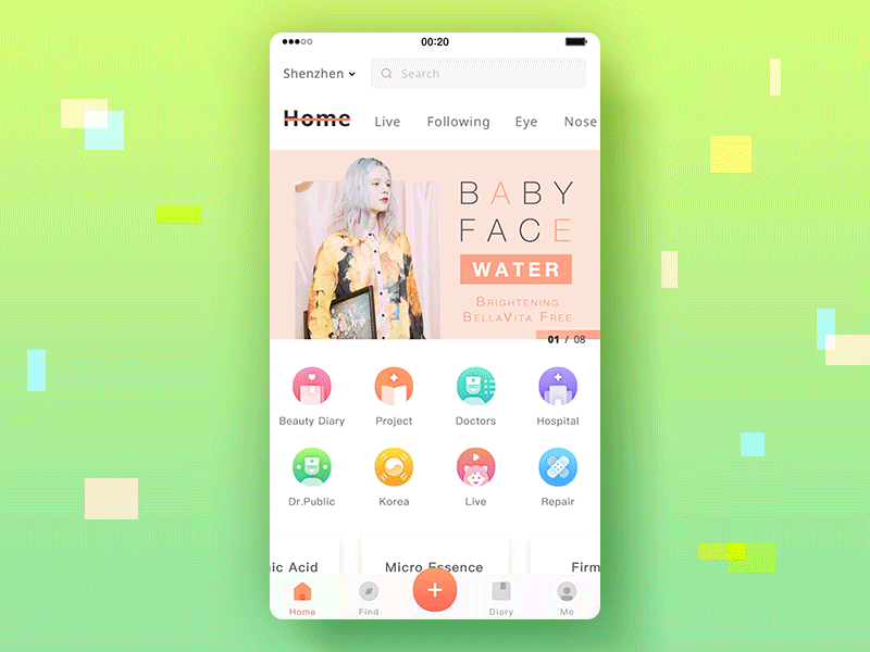 Beauty+ | Home page | Pull down to refresh app design gradient home interface interraction ios pull down refresh ui