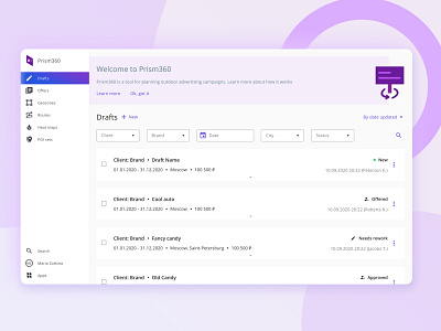 Prism360 Drafts Page flat geo location map minimal platform product product design ui ux uxui web