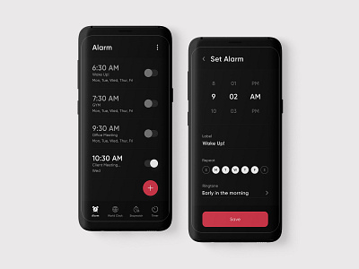 Alarm App Design- Dark Theme adobe photoshop alarm app app design daily ui designinpiration dribble instagram minimalist ui design uiux user interface design