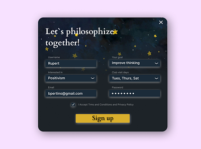 Sign up modal for the philosophical club dailyui design modal window typography ui ux web