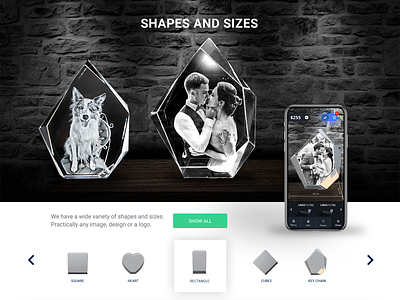 Shapes and Sizes 3D Crystal crystal design shop site size store ui ux web