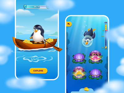 Game app - Mobile App app bonus bounty cartoon casual game coins deep sea game gold mo mobile ocean octopus penguin ui underwater diving