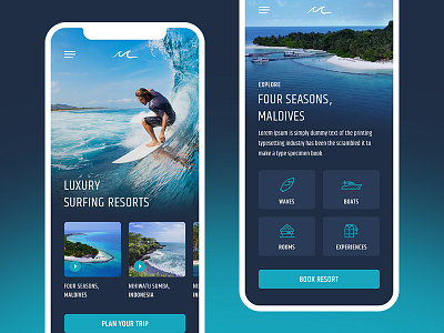 Muze - Luxury Surfing Resorts app blue clean design luxury resort surfing trip ui ux vacation waves