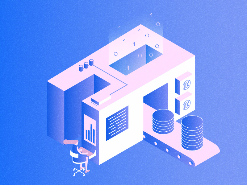A for ASIC Miner lettering alphabet future tech illustrator tiny people cryptocurrency landing page hero illustration blockchain bitcoin crypto