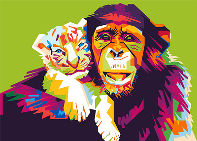 Friend Monkey And Tiger artwork baby baby animals chimpanzee friends illustration monkey popart tiger wpap