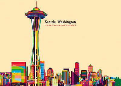 Seattle City Pop art style america american art city cityscape colorful illustration landmark landscape popart seattle travel usa vector washington washington dc wpap