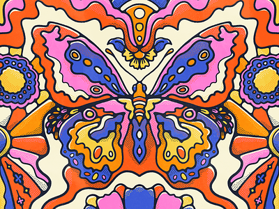 Beauty Reborn 70s art bold butterfly colorful colors flat illustration floral halftone john acorn john acorn pattern procreate retro vintage illustration