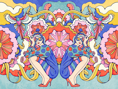 Kaleidoscopic bird illustration blooms bold colors fashionillustration florals kaleidoscope popsurrealism portrait psychedelic surreal symmetry vintage illustration