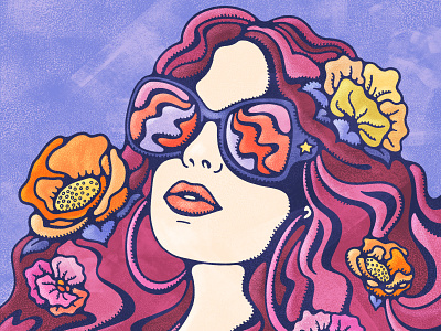 Summer Bae 60s 70s blue sky colorful digital art flowers graphic groovy hair illustration livelyscout portrait procreate psychedelic retro summer trippy vintage illustration warm woman