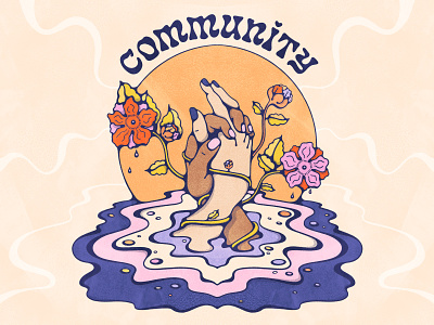 Community - QLD/NSW Floods 2022 60s 70s community donate flood hands illustration intertwined livelyscout nswfloods nswfloods22 procreate psychedelic retro unity vintage illustration