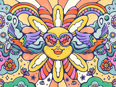 Psychedelic Sun 60s 70s bees bird colorful flowers graphic art groovy illustration indie livelyscout nature procreate psychedelic rainbow retro sun sunshine vintage illustration vivid