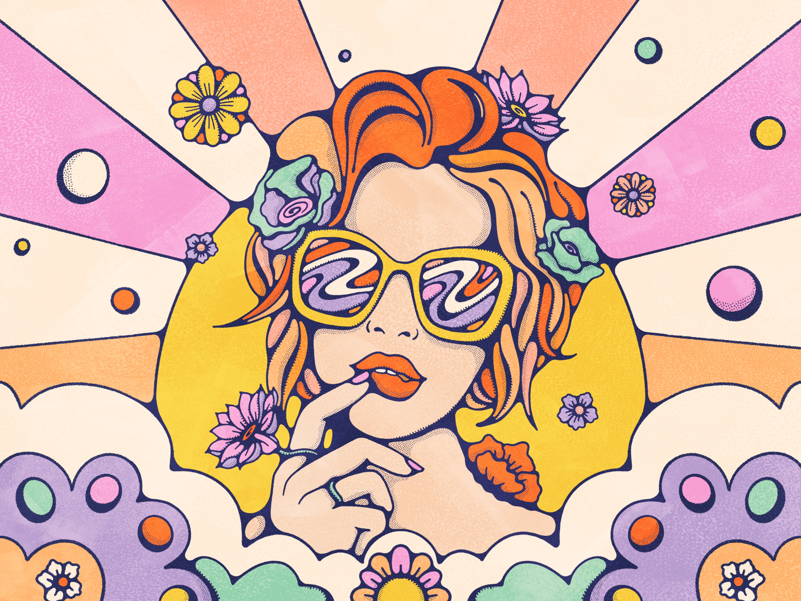 Pondering 70s 80s boho colorful contemporary art female artist female portrait graphic art groovy halftone illustration livelyscout pop art procreate psychedelic rainbow retro sunglasses sunshine