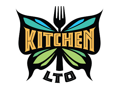 Kitchen LTO Logo Comp black blue butterfly dining fork gold green restaurant stained glass