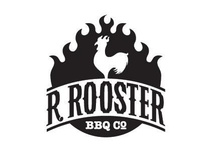 R. Rooster BBQ Co. WIP 2 barbecue bbq beak black catering comb custom type fire logo logo design monogram r r. rooster restaurant rooster