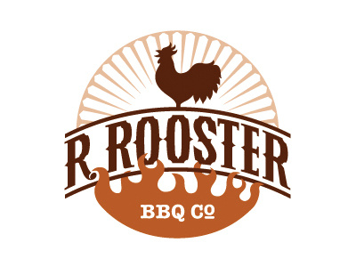 R. Rooster BBQ Co. Final Logo barbecue bbq beak black catering comb crowing fire logo logo design monogram r r. rooster rays restaurant rooster