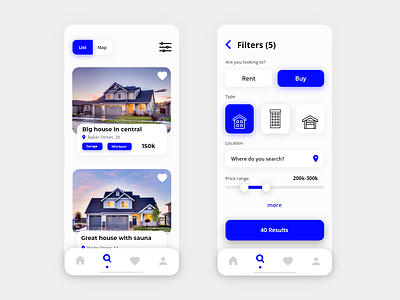 Real estate app app blue clean design dribbble filters flat house buy icon illustration ios iphone minimal mobile real estate ui user interface ux vector web