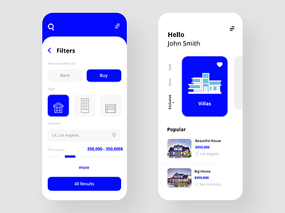 Real Estate App adobexd app blue clean design dribbble filter flat house icon illustration ios iphone minimal mobile real estate ui ux vector web