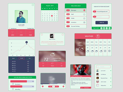 Colored UI Kit In Flat Design calendar design download flat ui kit friends graph mail box player profile sign in uxui weather