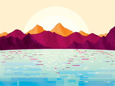 Sunset lake colour lake light lines mountains sea shadow sun sunrise sunset vector