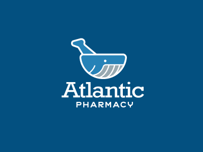 Atlantic Pharmacy Logo simple line vector illustration pharmaceutical pharmacy mortar and pestle whale logo design logos logo
