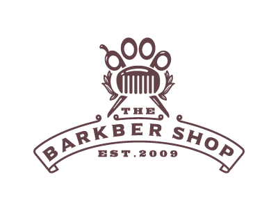 Barkbershop barber barbershop crest dog groomer grooming illustration logo design logos ornate paw scissors