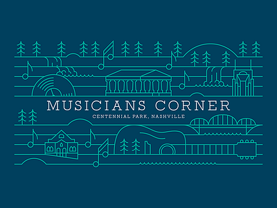 Musicians Corner concert guitar illustration lines music music notes nashville outdoor record signage stage banners trees
