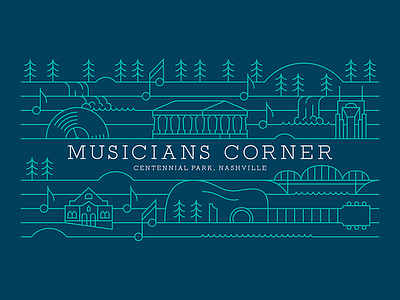 Musicians Corner concert guitar illustration lines music music notes nashville outdoor record signage stage banners trees
