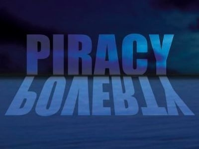 Poverty=Piracy awarness poster awareness blue piracy poster poverty sea ships sky typography