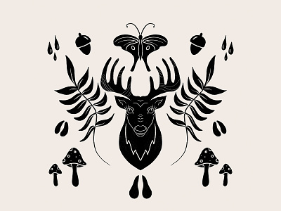 Forest deer blackandwhite chestnut deer deer head leaves moth mushrooms procreate symmetry