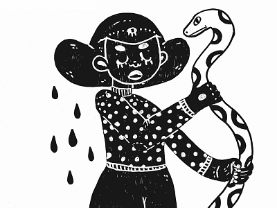 Girl with snake black white drawing illustration ink illustration