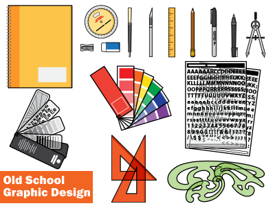 Old School Graphic Design Tools eraser graphic design letraset pantone pencil pens proportion scale ruler sharpener sketchbook straight edge tools