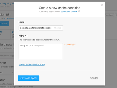 Create a new cache condition modal