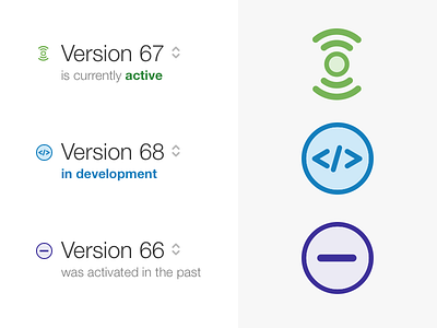 Version status icons: active, in development, or ded icons