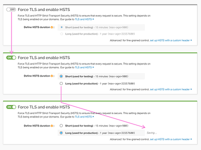 Force TLS and enable HSTS with max-age