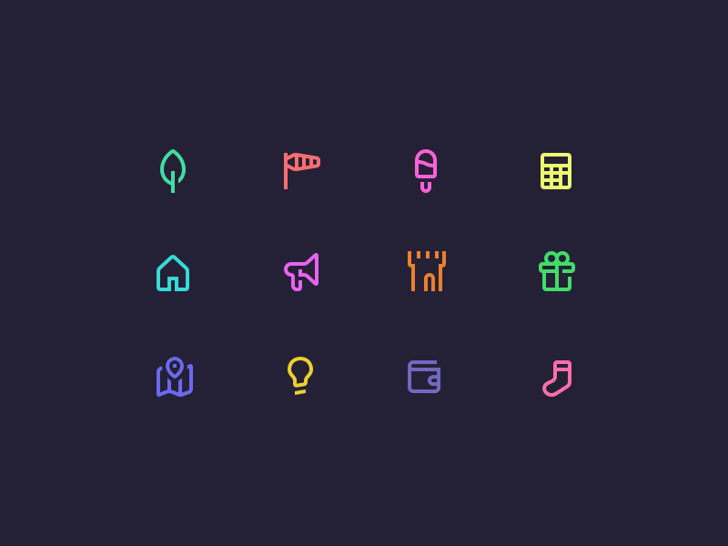 Icon Set #3 light bulp map present castle megaphone house calculator ice cream wind sock leaf icon set icons