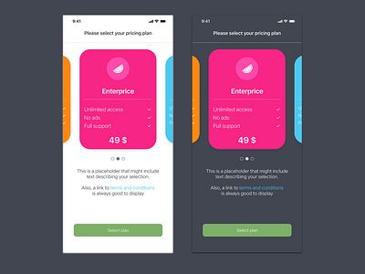 Plan selection – Normal & Dark mode adobe adobe xd darkmode illustration interface design madewithadobexd photoshop ui