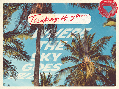 Thinking of you... blue distress fade grunge illustration mail palm postcard print red sky stamp travel tree tropical type design