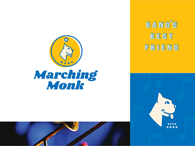 Marching Monk Brand Refresh blue boxer branding complementary dog dog tag identity logo marching monk tag leash trumpet wordmark yellow