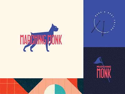 Marching Monk Branding Refresh art deco blue boxer branding dog drum drumline flag identity logo marching monk pattern percussion red wordmark