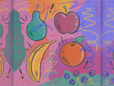 Flying Fruits apple banana blueberry digital flavor fruit illustration orange pear procreate scribble texture