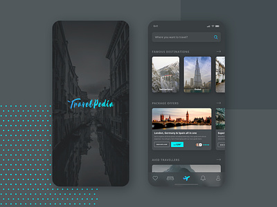 Travel App Re-design android app booking bottom cards dark design holiday ios iphone layout listing mobile search styling theme travel travel app ui ux