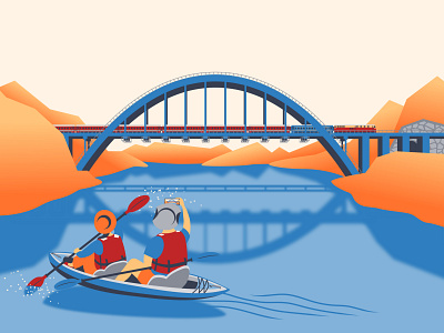 Railway bridge on the Yongding River boat boating digital art digital illustration flat design flat illustration graphic design illustration kayak railwaybridge train vector vector art vector design vector illustration