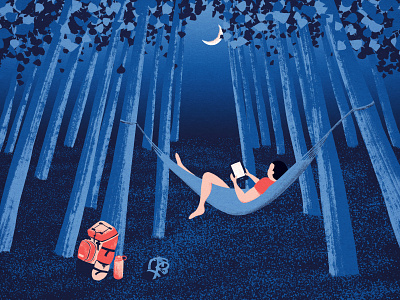 Tender in the dark blue 2 blue dark blue digital art digital illustration flat design forest graphic design hammock illustration moon reading trees