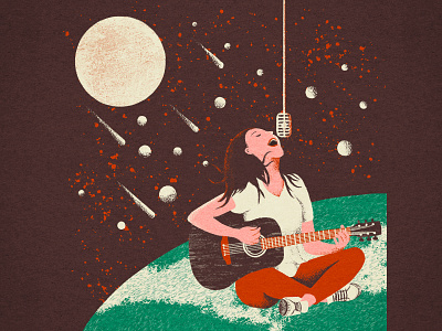 It's alright under this moon tonight digital art digital illustration flat illustration girl graphic design guitar illustration moon sing universe