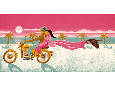 Lovers in a beautiful summer sunset autobicycle beach crow girl happiness illustration india indian love lovers moto motobike motorcycle raven ride sari seashore sunset tree woman