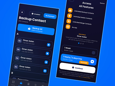 Backup Contact & Premium App UI app application backup contact design iap illustration in app interface premium ui ux